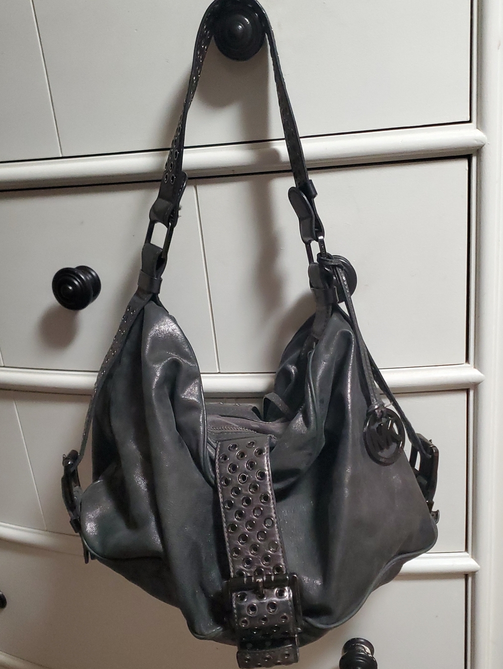 Michael Kors Studded Gray Leather Hobo Shoulder Bag